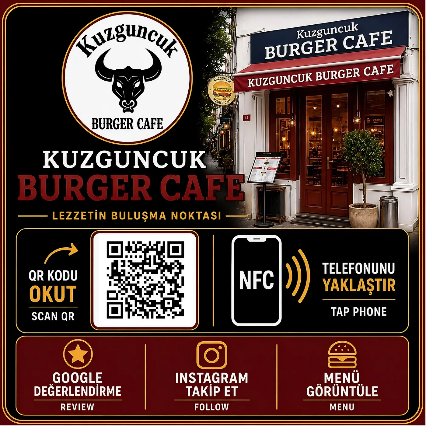 Kuzguncuk Burger için hazırlanmış özel NFC ve QR masa kartı
