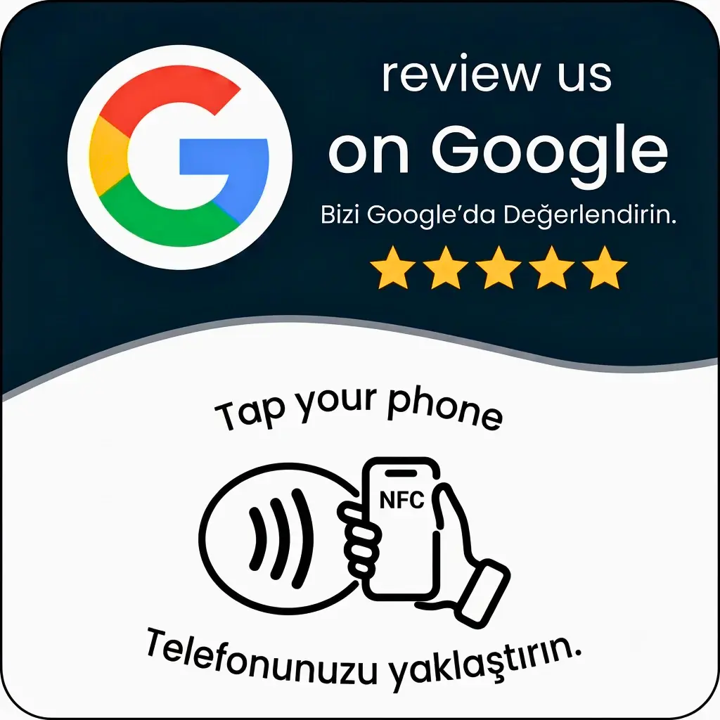 Banko kullanımına uygun koyu renk Google değerlendirme NFC kartı