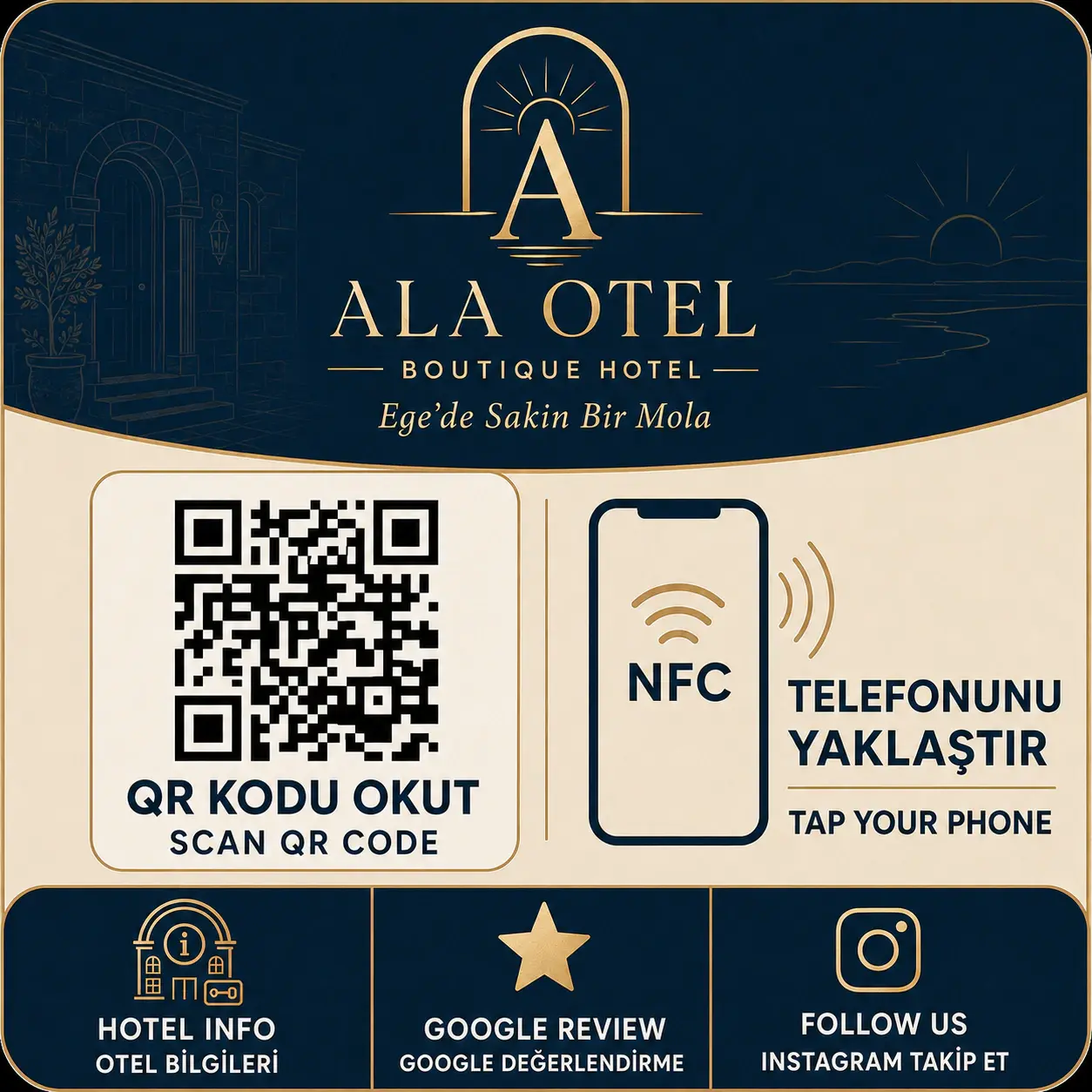 Ala Otel için hazırlanmış lacivert ve altın NFC kart tasarımı
